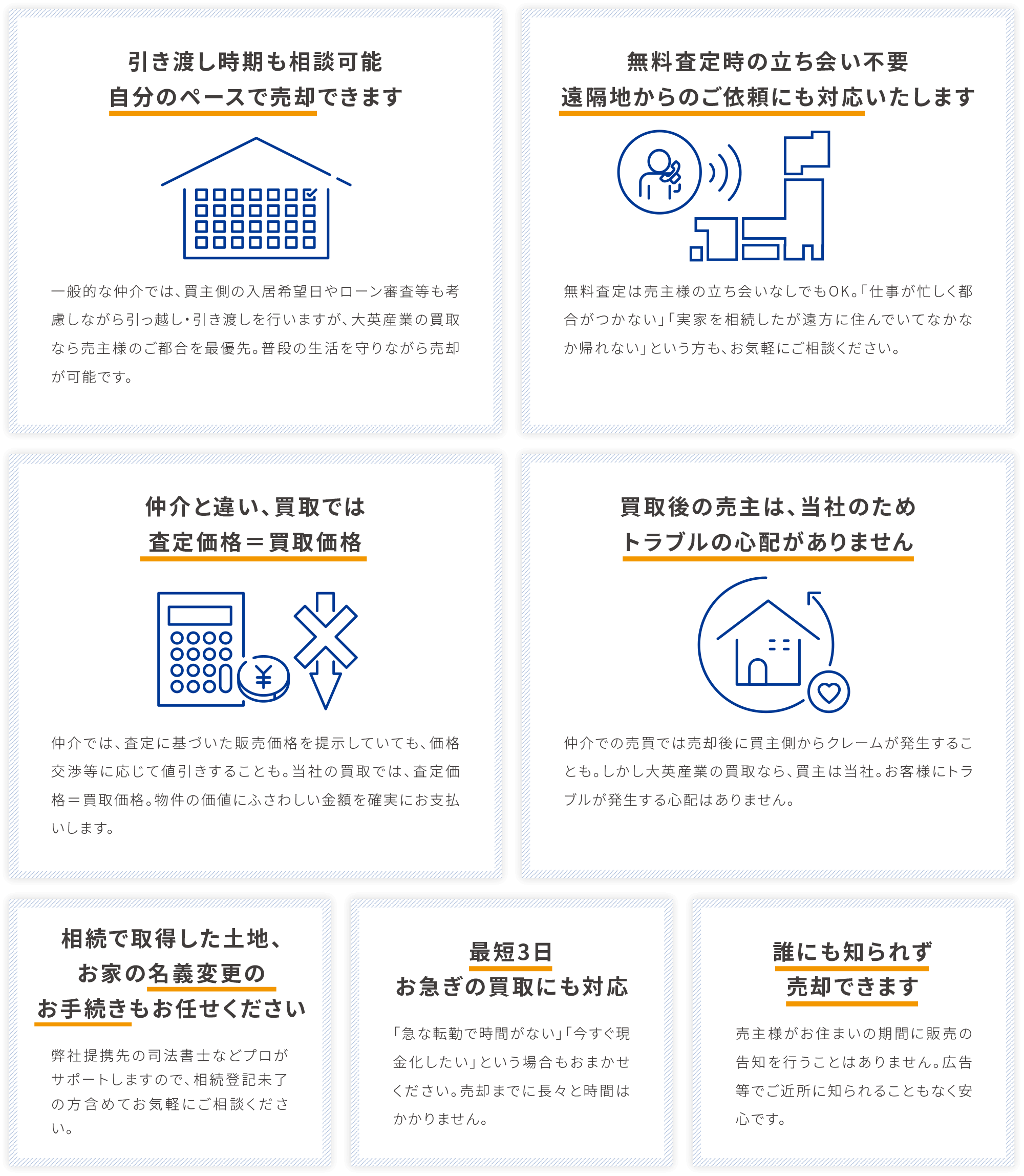 自分のページで売却、遠隔地からのご依頼にも対応、査定価格=買取価格、トラブルの心配がありません、名義変更のお手続き、最短3日、誰にも知られず売却できます